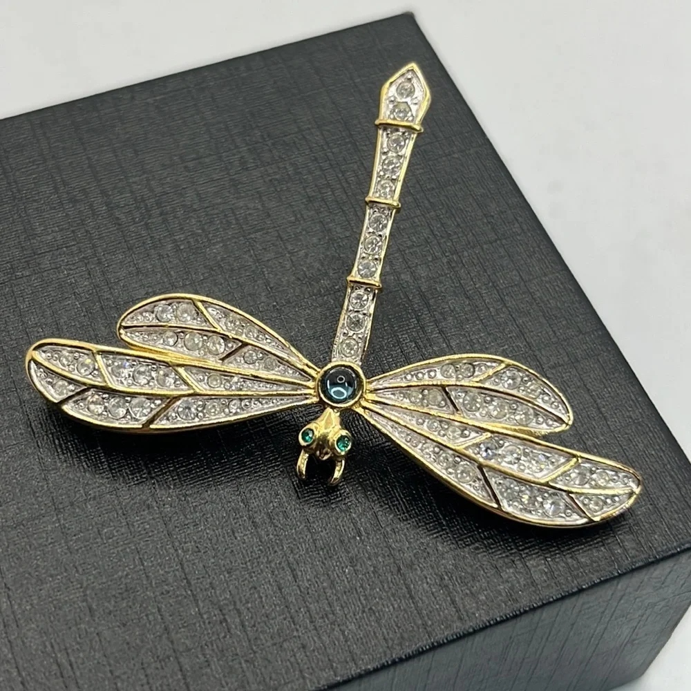 Golden Crystal Dragonfly Brooch Pin 1.25" - Picture 1 of 10